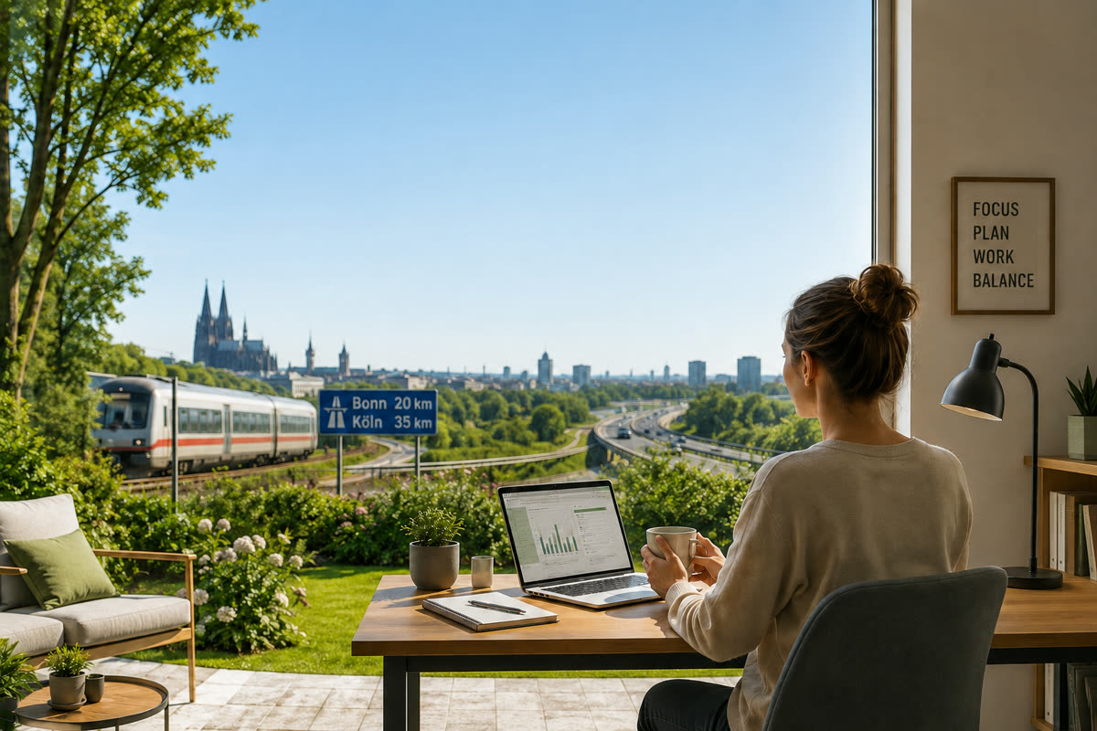 Homeoffice-Arbeitsplatz mit Blick auf Bahnstrecke, Autobahn-Wegweiser nach Bonn und Köln sowie die Kölner Skyline