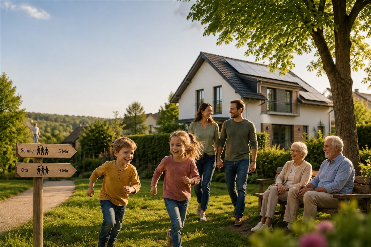 Eltern, Kinder und Großeltern gemeinsam vor einem modernen Einfamilienhaus mit Wegweiser zu Schule und Kita