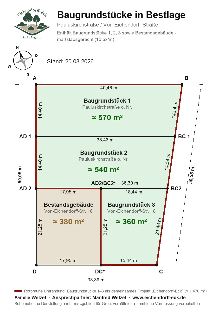 Lageskizze Eichendorff-Eck mit Baugrundstück 1, 2 und 3